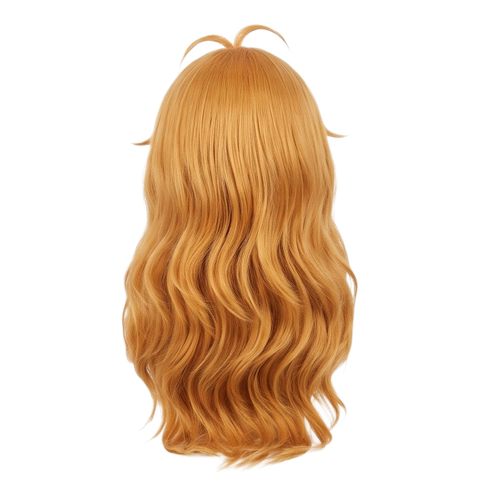 Back view of long orange Alice Gehabich cosplay wig with unstyled fibers