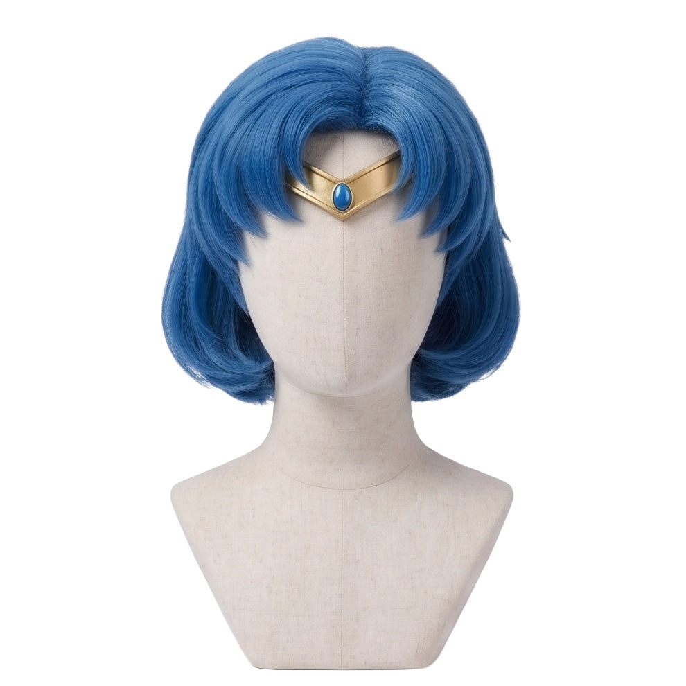 Front view of Sailor Mercury cosplay wig with vibrant short blue layers
