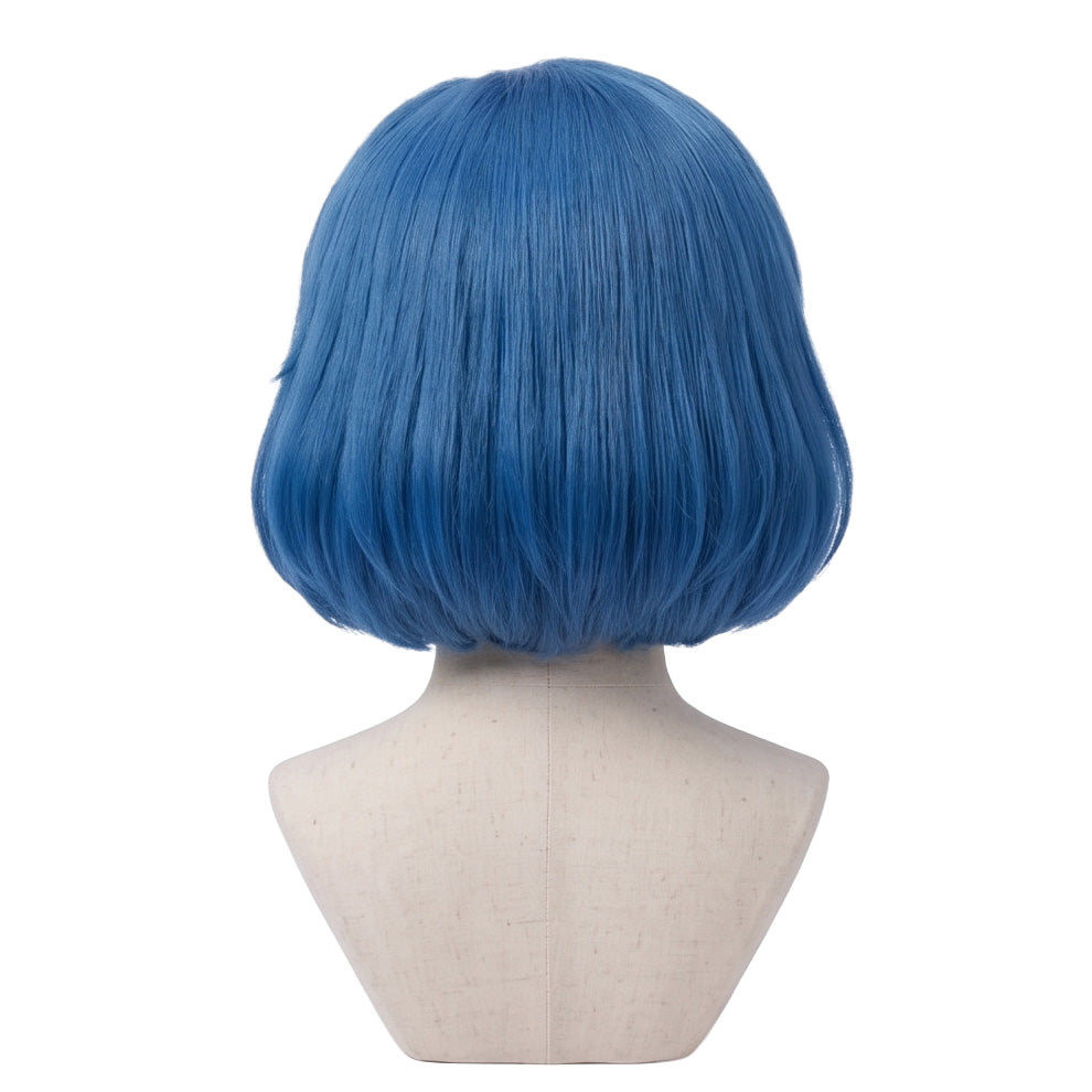 Back view of Sailor Mercury cosplay wig displaying smooth texture and volume