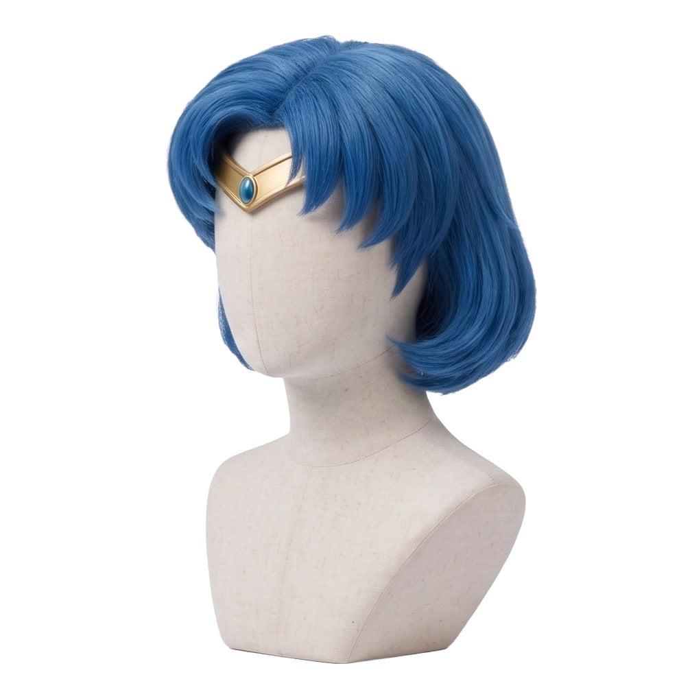 Styled look of Sailor Mercury cosplay wig on mannequin for Sailor Moon cosplay accuracy