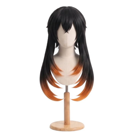 Front view of Amo Empool cosplay wig with black hair and orange tips
