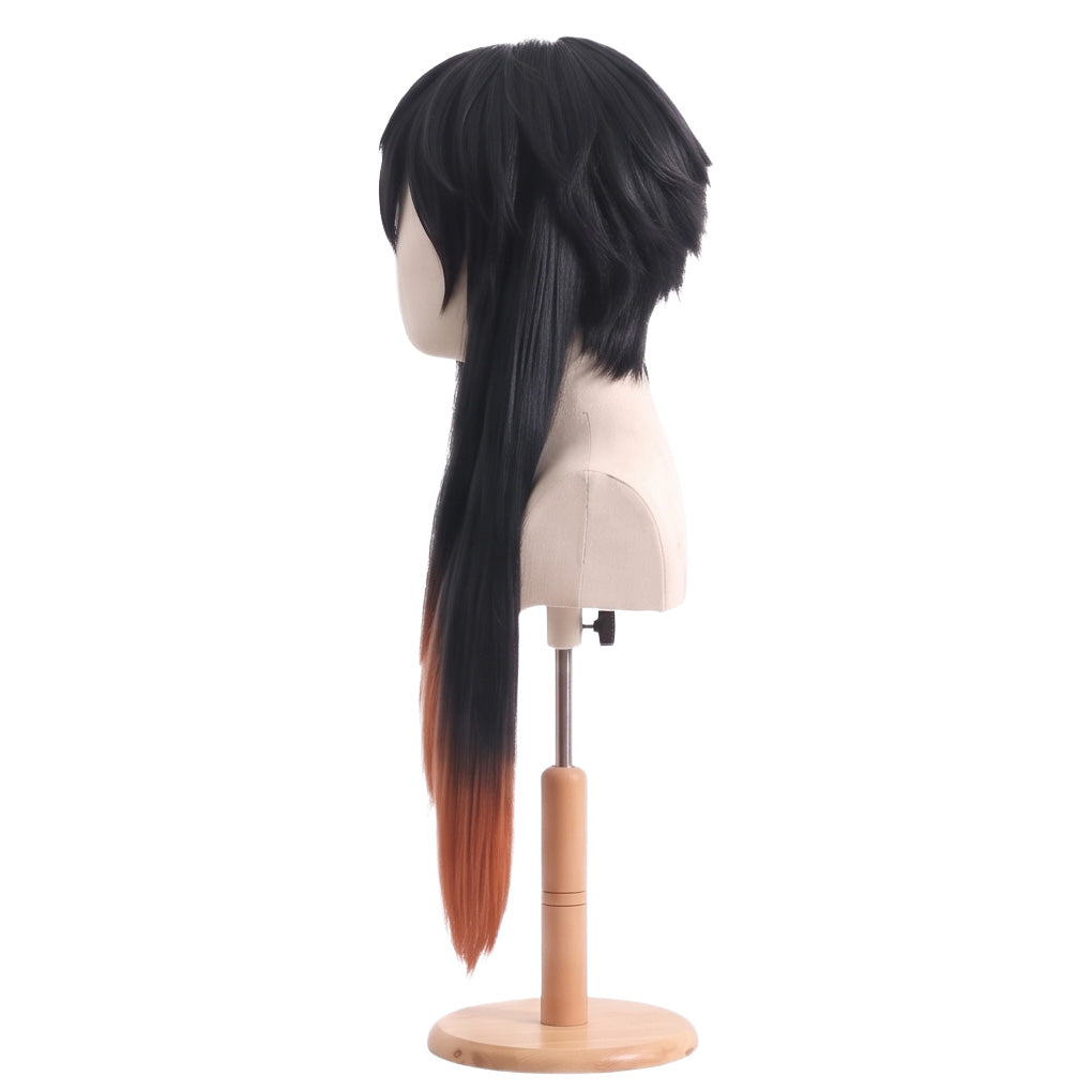 Side view of Gachiakuta Amo Empool black orange basic cosplay wig
