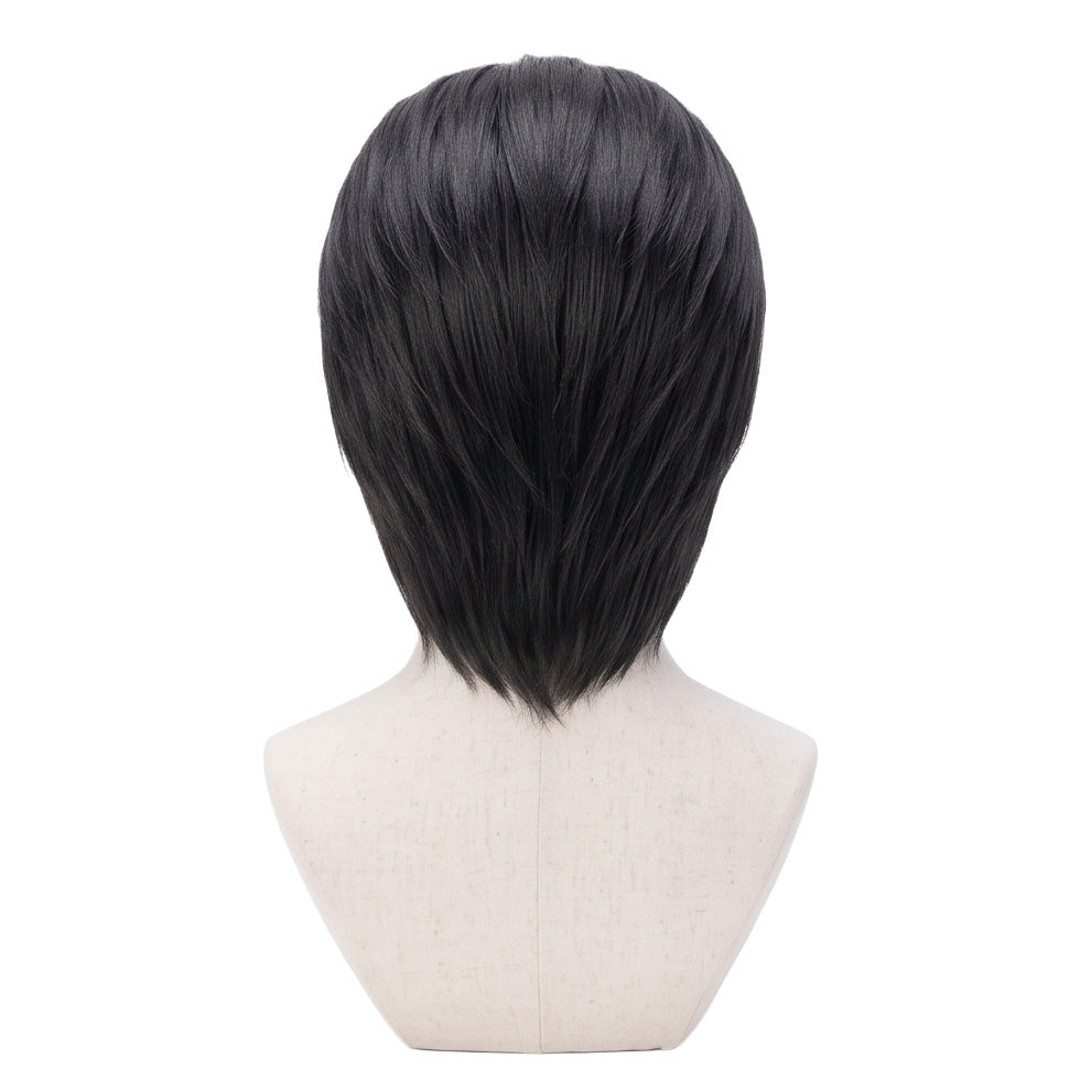 Back view of medium-length black Angeal Hewley cosplay wig