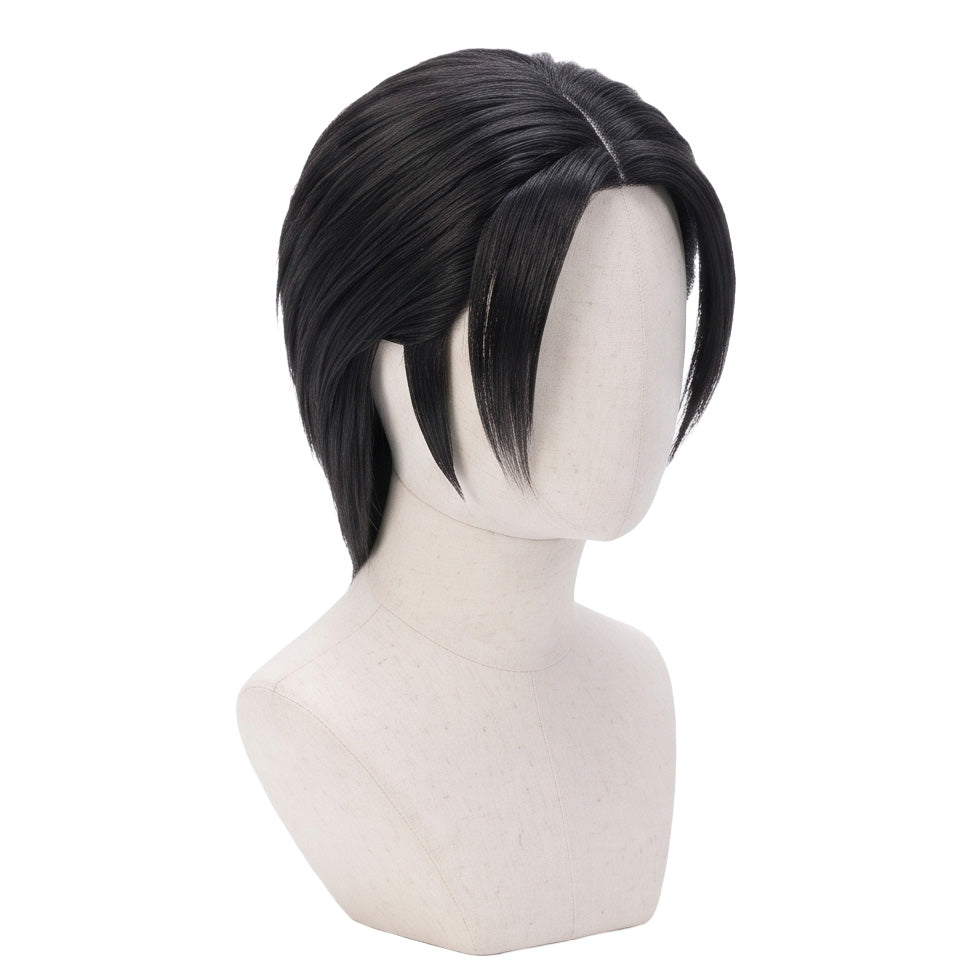 Three-quarter view of Angeal Hewley slicked-back black cosplay wig