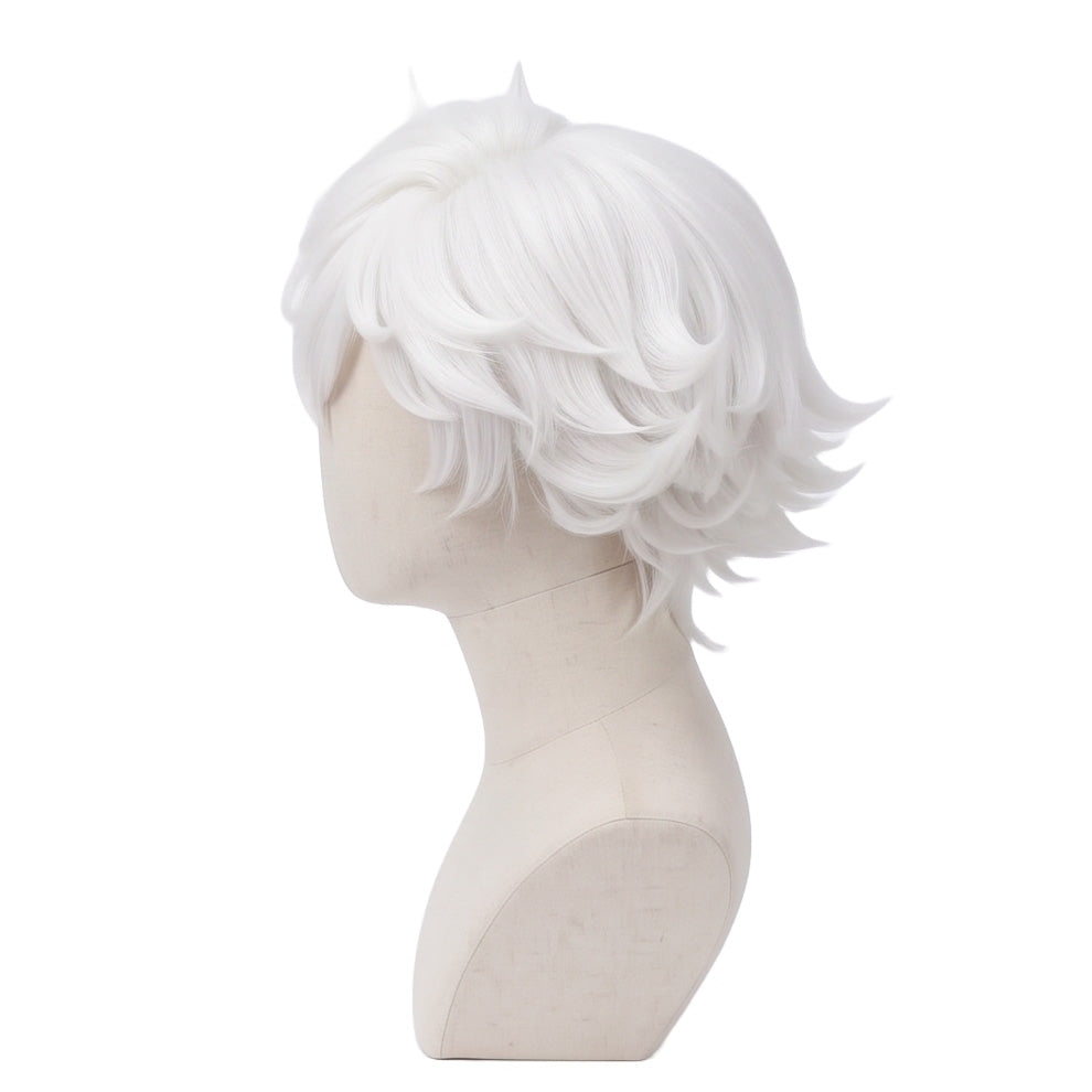Left side view of Hazbin Hotel Angel Dust white fluffy cosplay wig