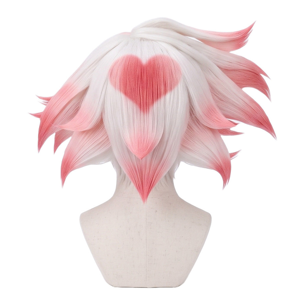 Back view of Anthony cosplay wig showing fluffy white hair texture, light pink spots, and the signature pink heart-shaped detail on the back of the head