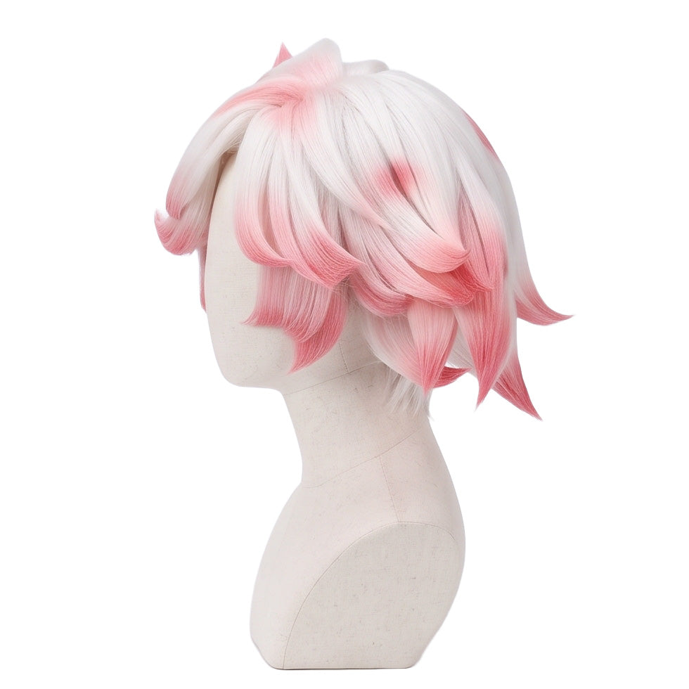 Left side view of Anthony wig showing fluffy white textured hair, light pink spotted details, layered volume, and professionally styled Hazbin Hotel cosplay features
