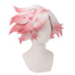 3/4 view of Anthony cosplay wig displaying fluffy white hair, pink accent spots, voluminous texture, and the unique Hazbin Hotel character-inspired hairstyle