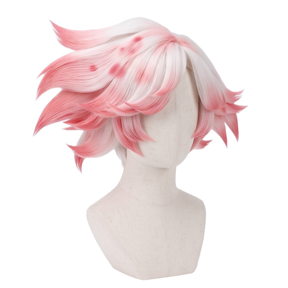 3/4 view of Anthony cosplay wig displaying fluffy white hair, pink accent spots, voluminous texture, and the unique Hazbin Hotel character-inspired hairstyle