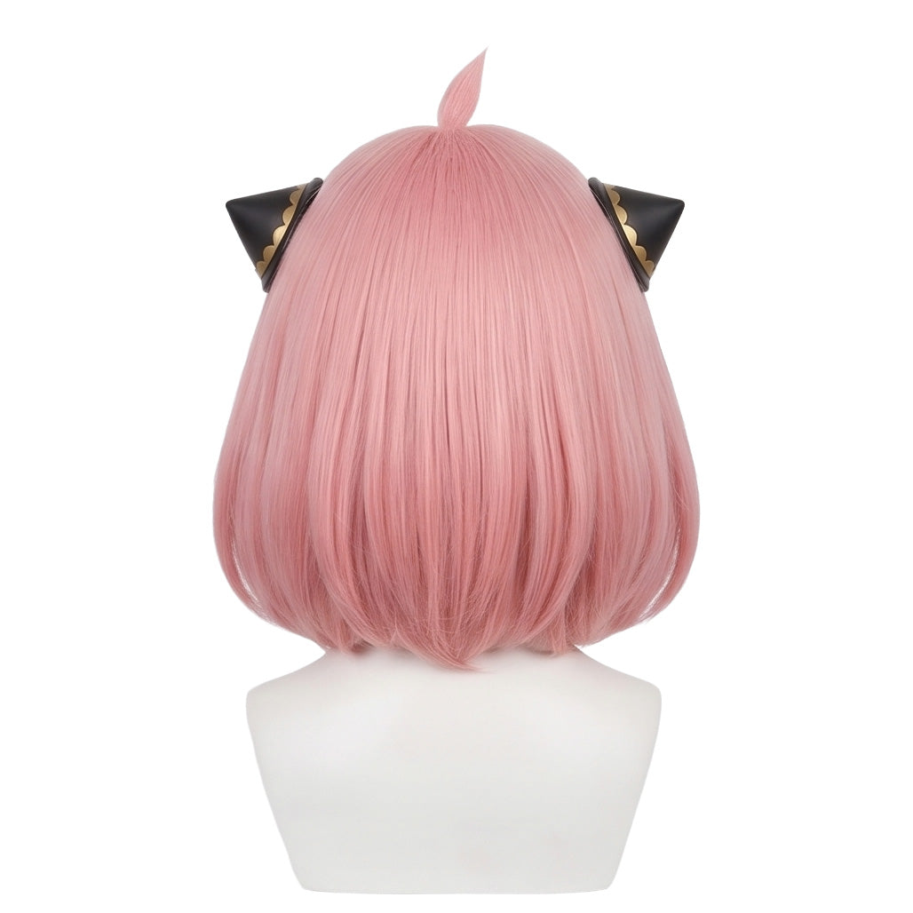Back view of rounded Anya Forger cosplay wig unstyled