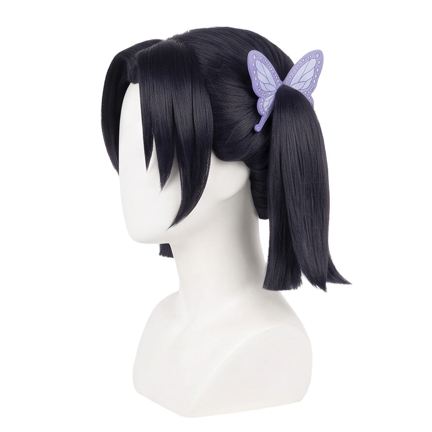 Left side view of Kimetsu no Yaiba Aoi Kanzaki black cosplay wig