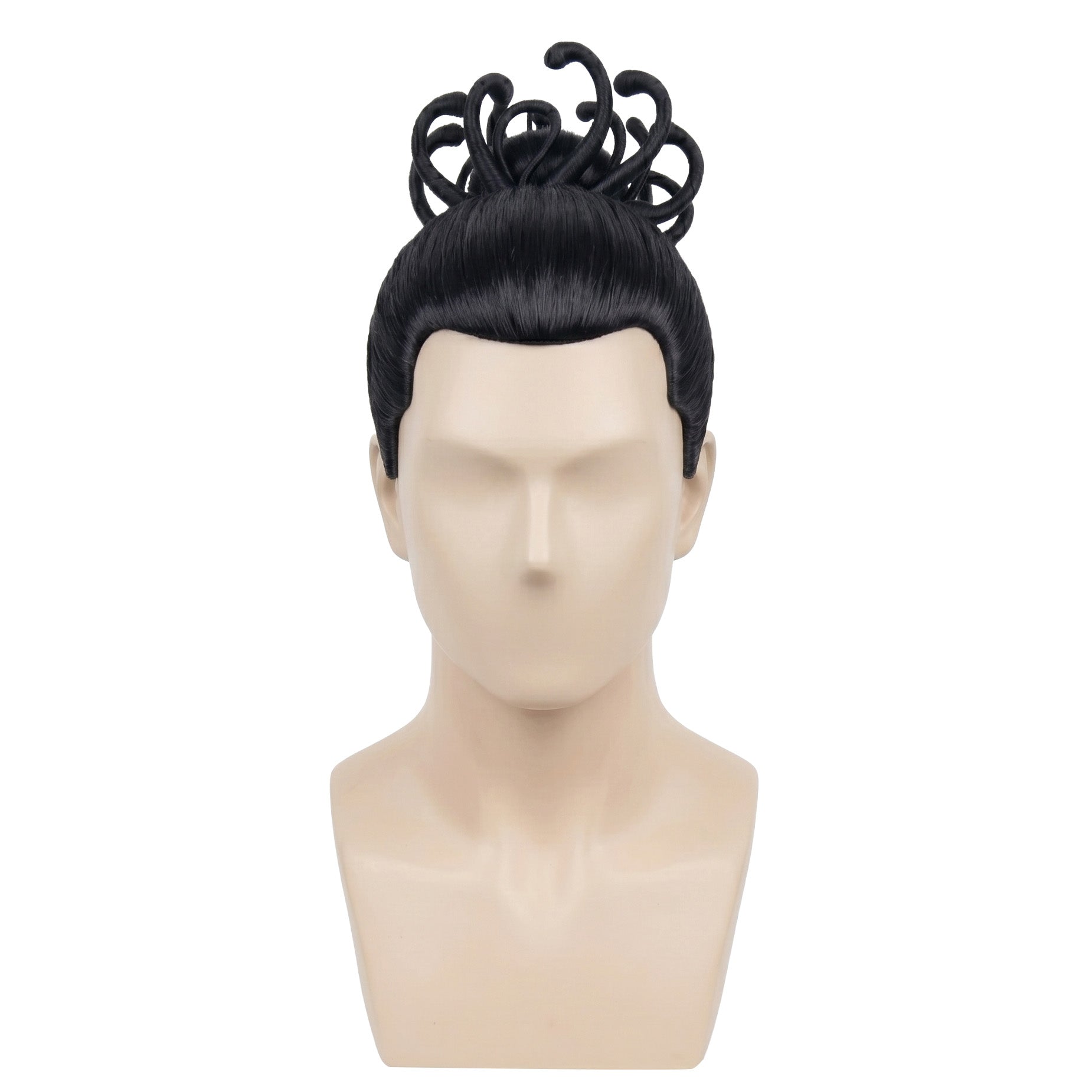 Front view of Aoi Todo cosplay wig with shoulder-length black hair and top-knot bun