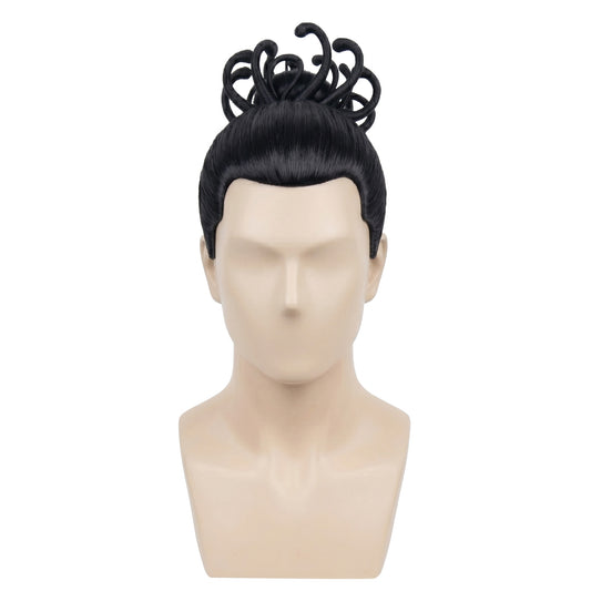 Front view of Aoi Todo cosplay wig with shoulder-length black hair and top-knot bun