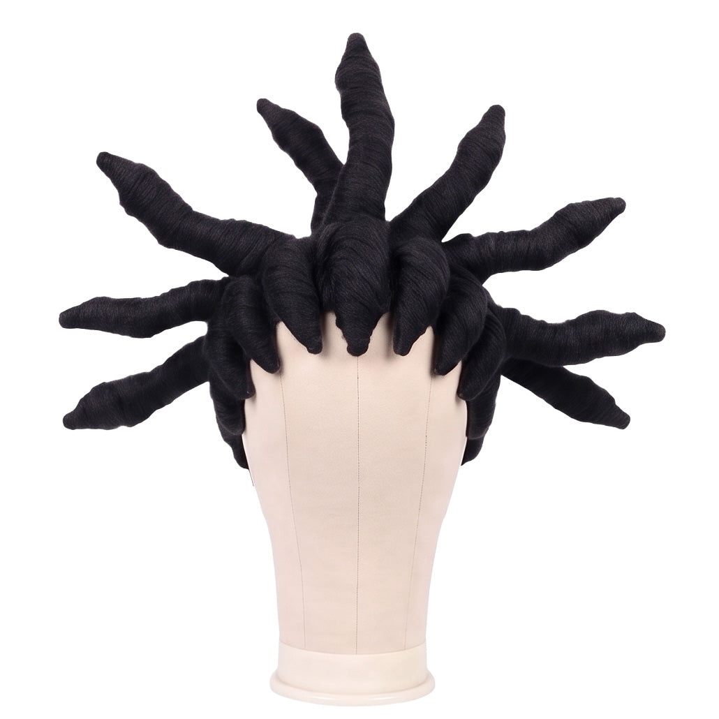 Front view of Arkha Corvus cosplay wig with black loc high ponytail