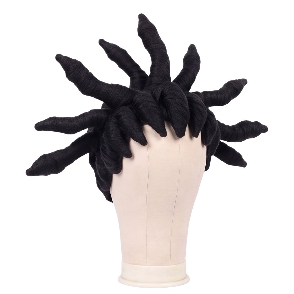 Arkha Corvus cosplay wig displayed on mannequin with anime-accurate styling