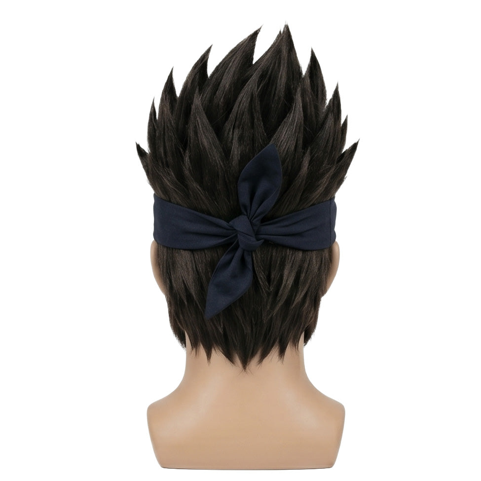 Back view of Naruto Asuma Sarutobi cosplay wig with layered black spikes