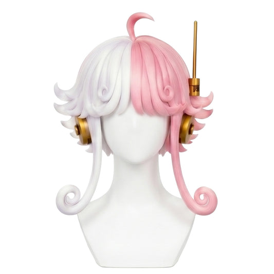 Front view of Vegapunk Atlas cosplay wig with split white and pink curly hair