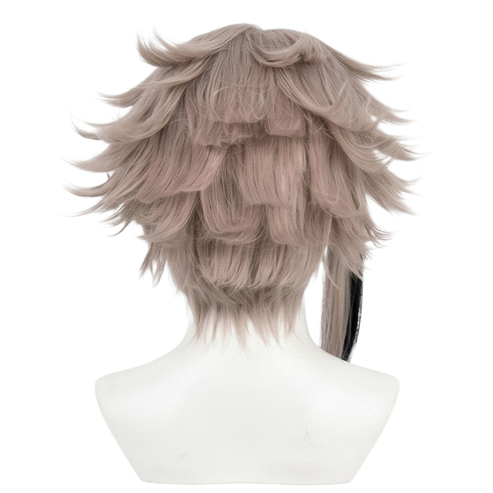 Back view of silver-white wig with black streak unstyled