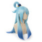 Side view of Aqua cosplay wig highlighting signature high ponytail and layered blue strands