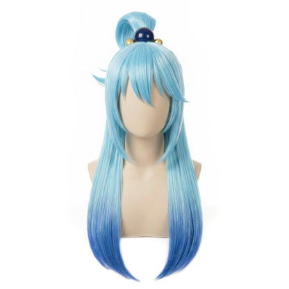 Aqua cosplay wig from KonoSuba with long sky-blue hair and high side ponytail shown on mannequin