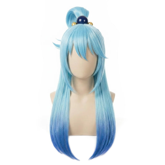 Aqua cosplay wig from KonoSuba with long sky-blue hair and high side ponytail shown on mannequin
