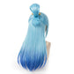 Back view of Aqua wig displaying long flowing blue layers and smooth fiber finish