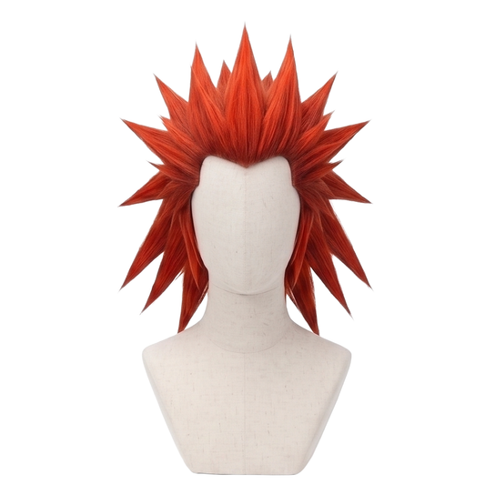 Axel cosplay wig from Kingdom Hearts featuring bright red shoulder-length hair styled into dramatic slicked-back spikes with layered anime texture