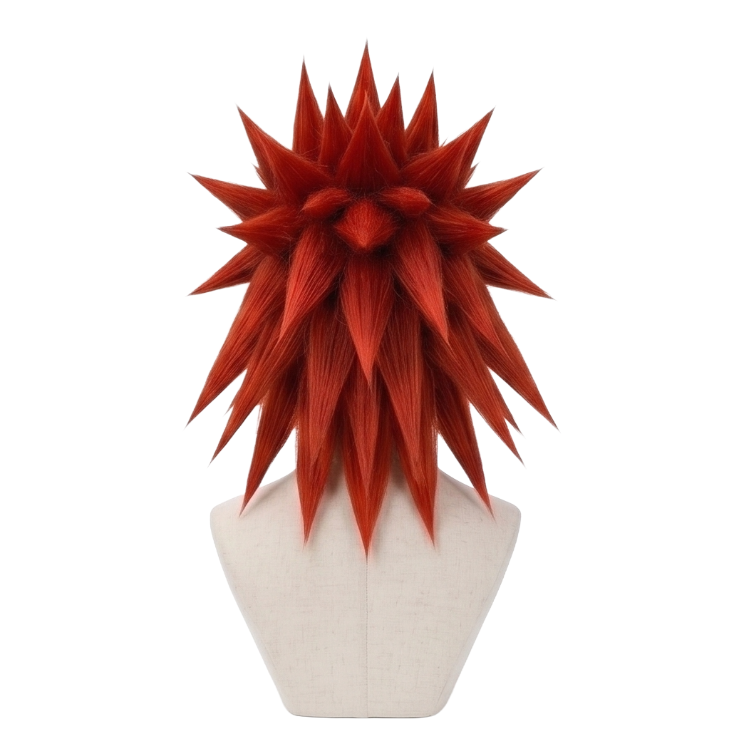 Back view of Axel Kingdom Hearts cosplay wig featuring shoulder-length bright red hair, layered slicked-back spikes, and structured character-accurate styling