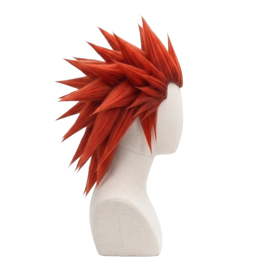 Right side view of Axel wig featuring bright red spiky hair, shoulder-length layered sections, structured swept-back styling, and a bold anime-inspired silhouette