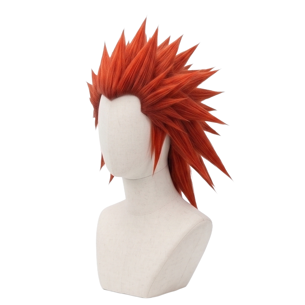 3/4 view of Axel cosplay wig displaying vivid red slicked-back spikes, voluminous layered hair, and the signature Kingdom Hearts character hairstyle
