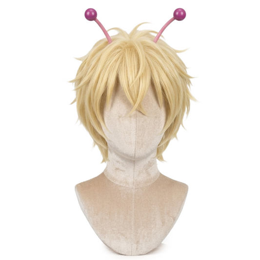 Front view of Dandadan Bamora blonde cosplay wig