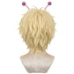 Back view of Bamora blonde wig with pink antennae on a mannequin head against a white background