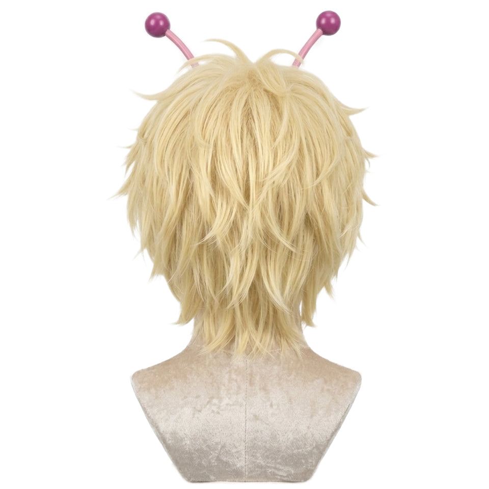 Back view of Bamora blonde wig with pink antennae on a mannequin head against a white background