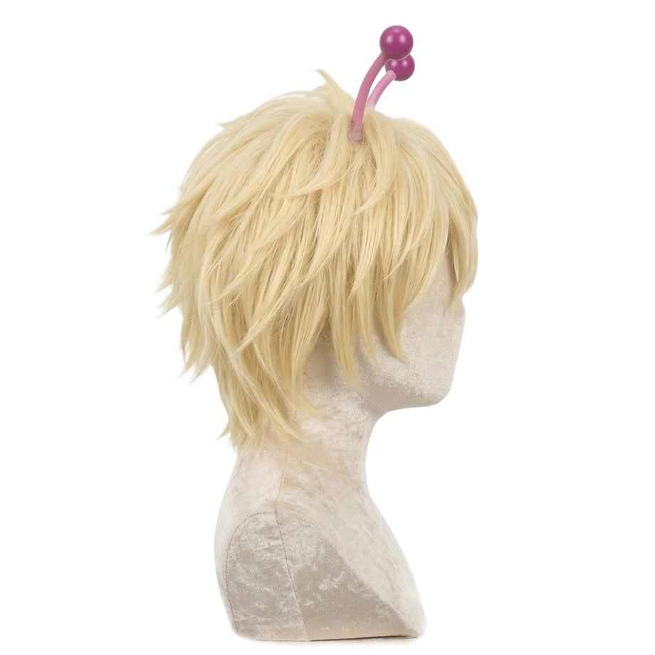 Right side view of Bamora wig on a mannequin head with a pink clip against a white background