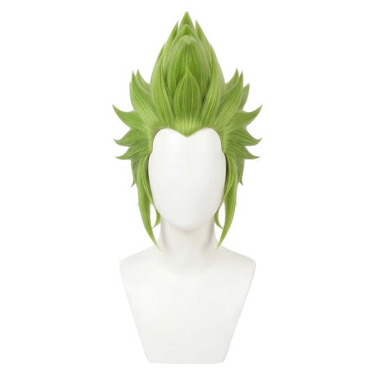 Front view of Bartolomeo cosplay wig with spiky light green Mohawk hairstyle