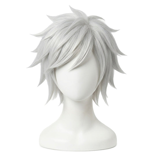 Front view of Bell Cranel cosplay wig with spiky white anime styling