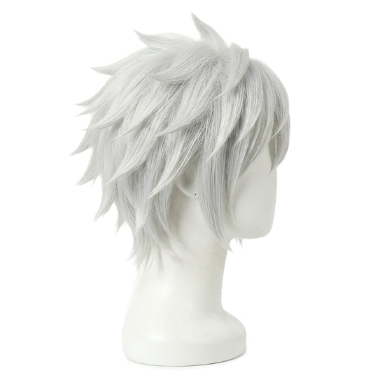 Side view of Bell Cranel cosplay white wig showing layered, controlled spikes on a mannequin head against a white background