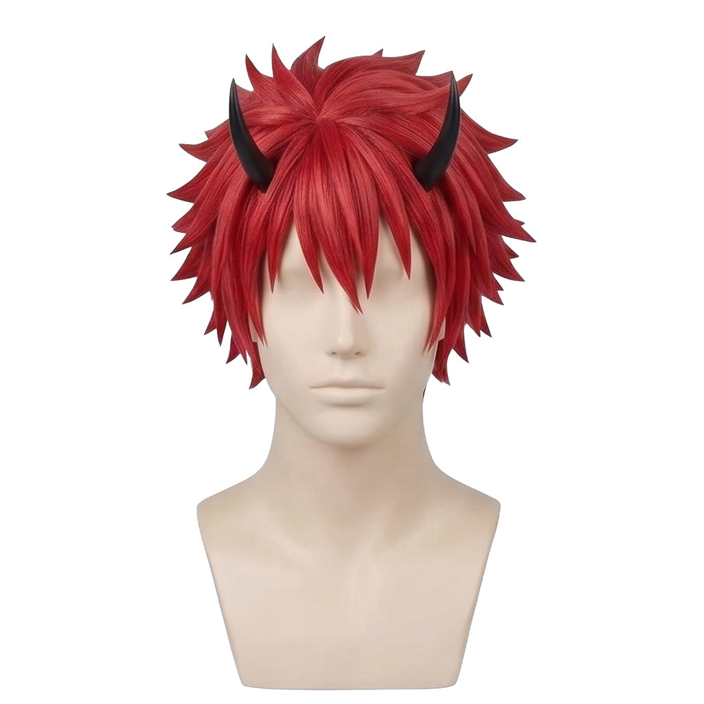 Front view of Benimaru cosplay wig with flame-like crimson hair