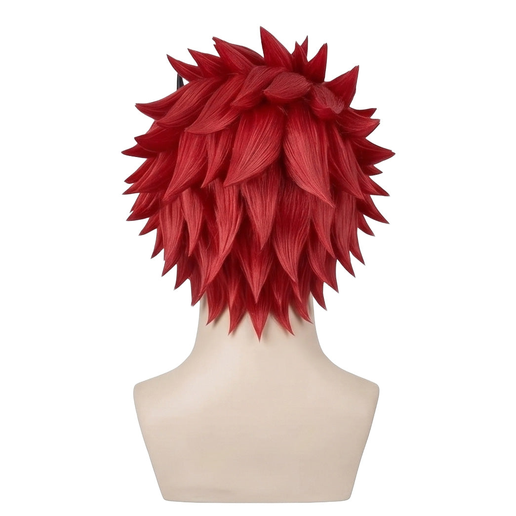 Back view of Benimaru cosplay wig with flowing crimson hair