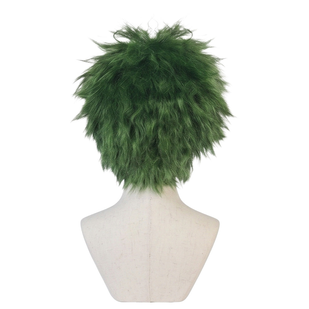 Back view of messy green Beetlejuice cosplay wig with unstyled fibers