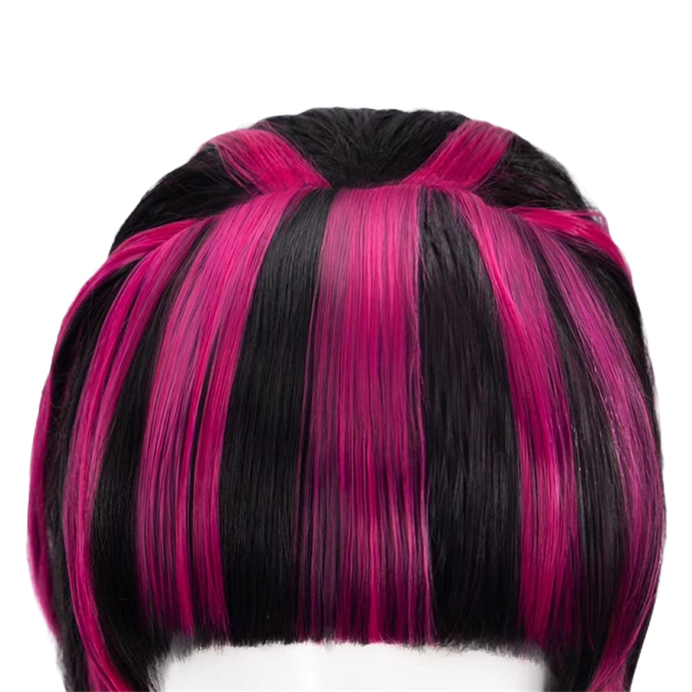 Draculaura Black Mixed Rose Pink Cosplay Wig with Bangs
