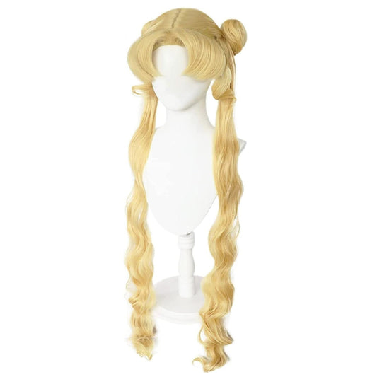 Anime Long Curly Blonde Sailor Moon Tsukino Usagi Cosplay Wig Halloween Party Synthetic Bangs Cute Wig with Buns and Two Long Ponytails