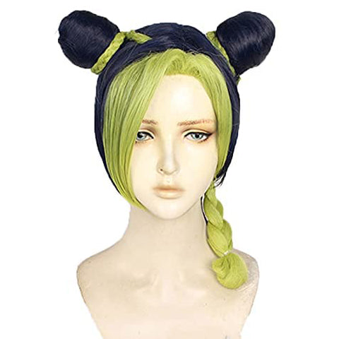 Jolyne Cujoh Anime Cosplay Straight Curly Wave Fluffy Synthetic Green Wig Jolyne Kujo Yellow Braids Ponytail Wig with Detachable Buns for Halloween Party