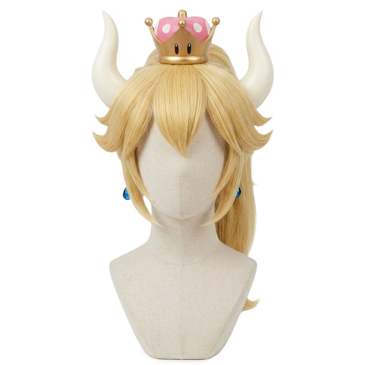 Front view of Bowsette cosplay wig with voluminous golden hair