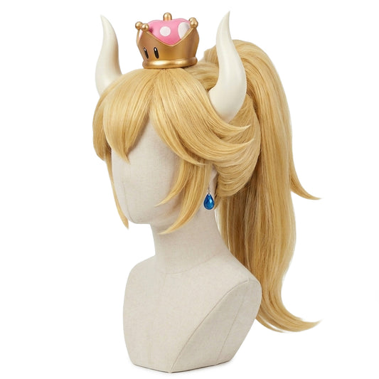 Styled look of Bowsette Blonde wig with white horns and a crown on a mannequin head against a white background