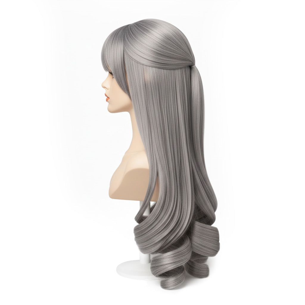 Bronya cosplay wig side view with long styled twin ponytails