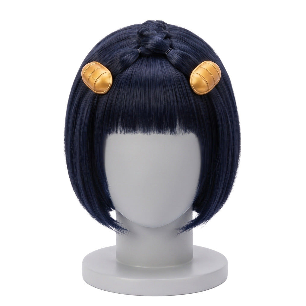 Front view of Bruno Bucciarati cosplay wig with ink blue chin-length hair