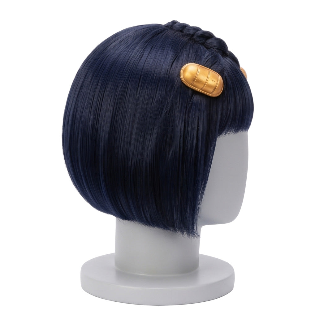 Right side view of Bruno Bucciarati cosplay wig with chin-length blue hair