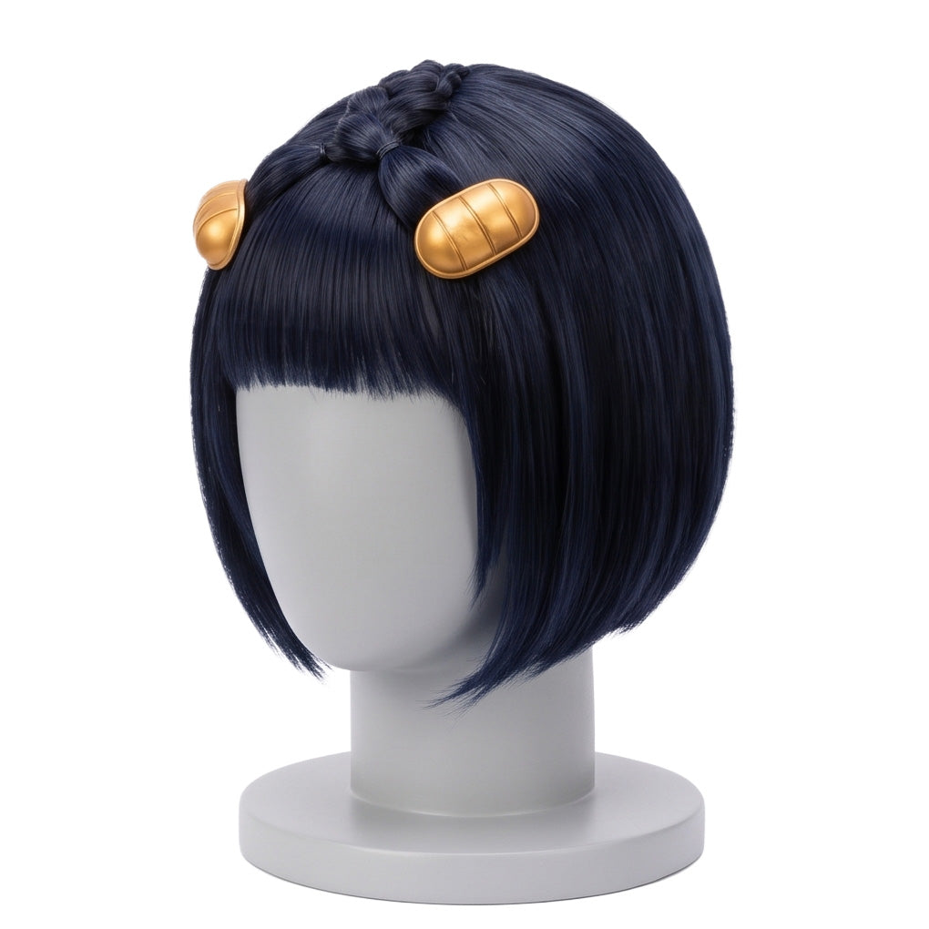 Three-quarter view of Bruno Bucciarati ink blue cosplay wig with straight bangs