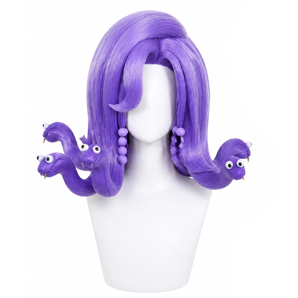 Styled look of Celia purple wig worn by mannequin for accurate Monsters, Inc. cosplay